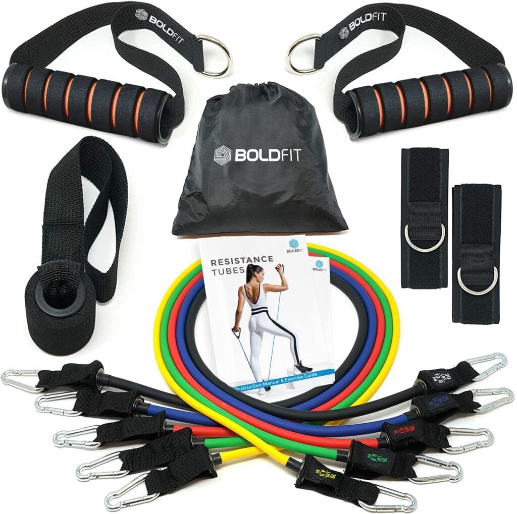 Best Home Workout Equipment for Small Space Full workout set 10 Boldfit Resistance Band Set with Handles, Portable Toning Tubes with Door Anchor & Foam Handles. Resistance Tube Kit with Bag and Ankle