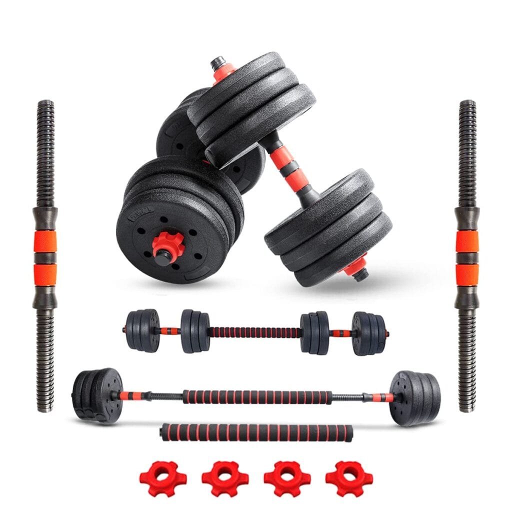 Best Home Workout Equipment for Small Space Full workout set 8 Powermax Fitness (I) Pvt. Ltd. 20P+ Adjustable Pvc Cement Dumbbells Set With Barbell Connecting Rod, Non-Slip Handle And Adjustable